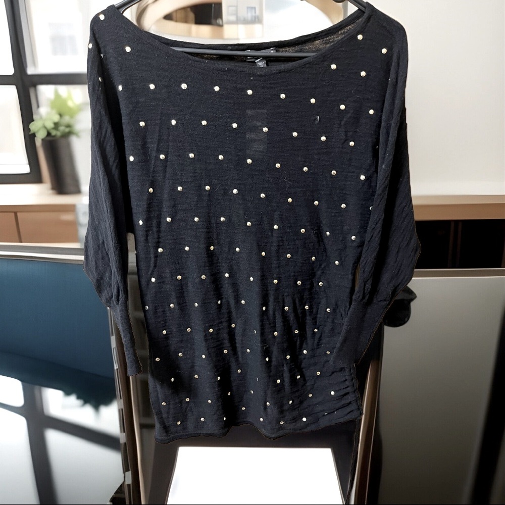 Express Knitted Ruched Side W/Drawstring Raglan Sleeve Round Neck Gold Studs Top